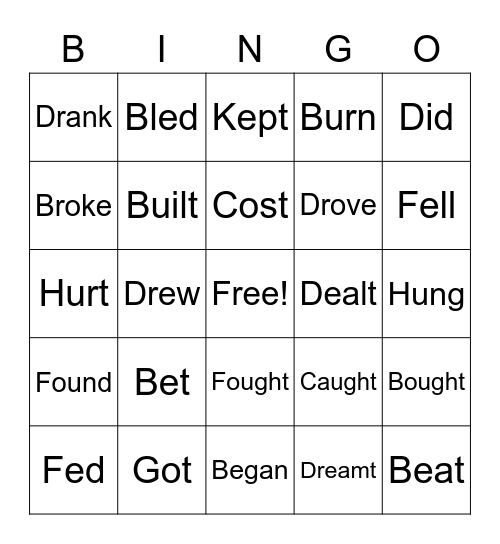 Irregular Verbs Bingo Card