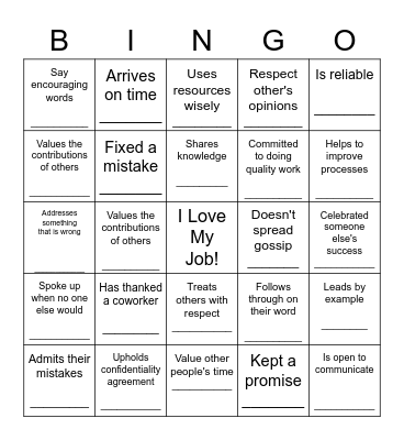 INTEGRITY BINGO Card