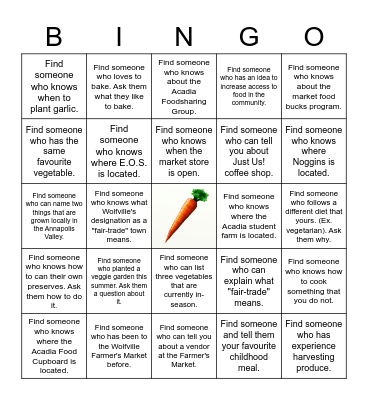 "All About Local Food!" Bingo Card