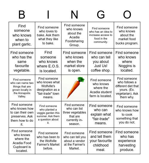 "All About Local Food!" Bingo Card