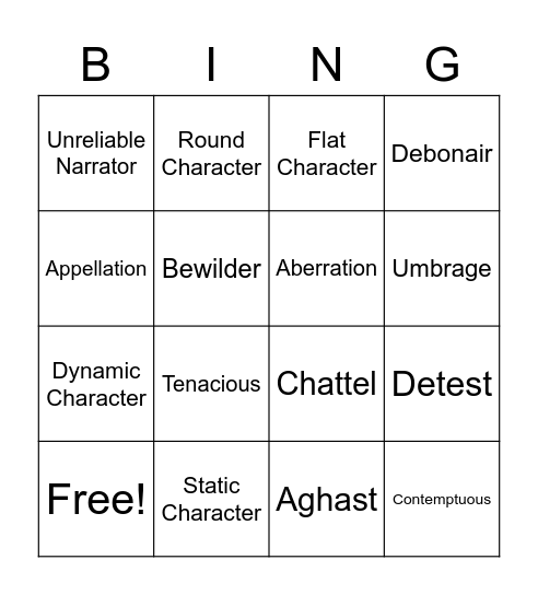 Vocabulary List #5 Bingo Card