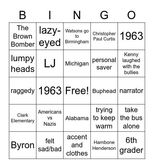 The Watsons Go To Birmingham Bingo Card