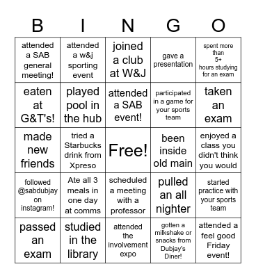 Back to W&J Bingo Card