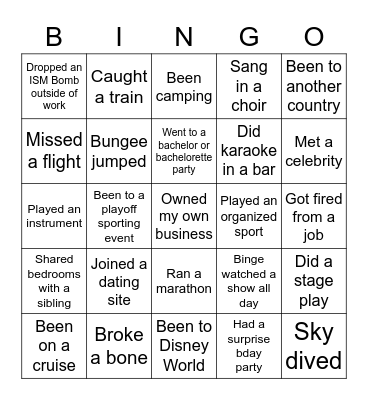 Amazement Never Have I Ever Bingo Card