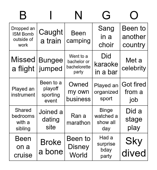 Amazement Never Have I Ever Bingo Card