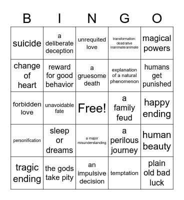 Mythology Love Stories Bingo Card