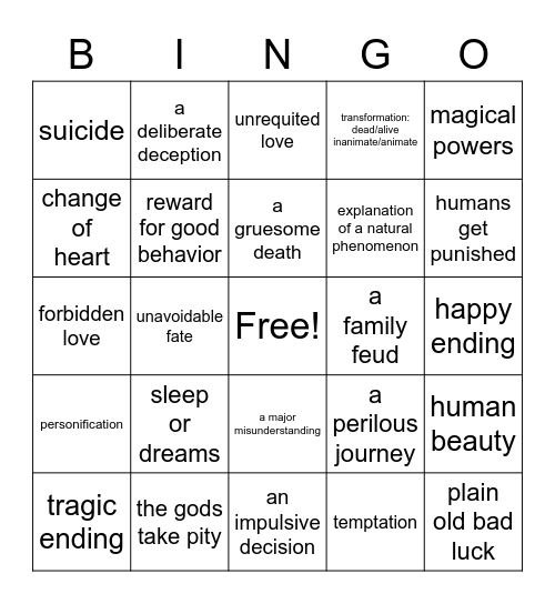 Mythology Love Stories Bingo Card