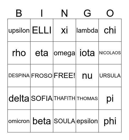 Greek Alphabet Bingo Card