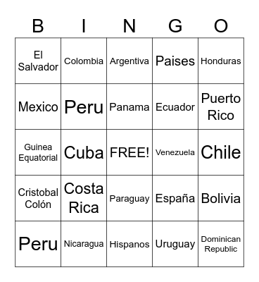 Hispanic Countries Bingo Card