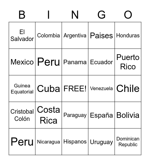 Hispanic Countries Bingo Card