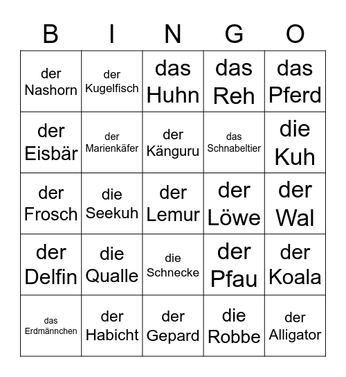 Tiere (35 Wörter) Bingo Card