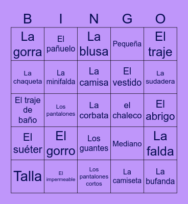 La ropa #3 Bingo Card