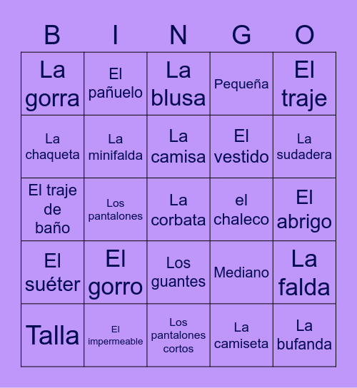 La ropa #3 Bingo Card