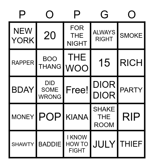 POP SMOKE BINGO Card