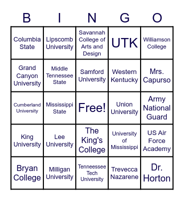 PCA Fall College Fair Bingo Card