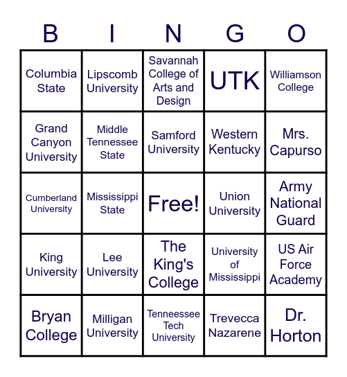 PCA Fall College Fair Bingo Card