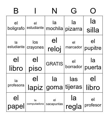 Spanish Classroom Objects Bingo Card