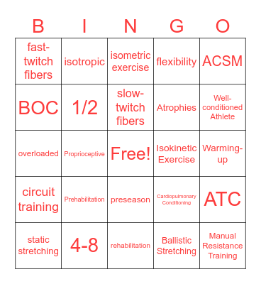 Prehabilitation and Preseason Bingo Card