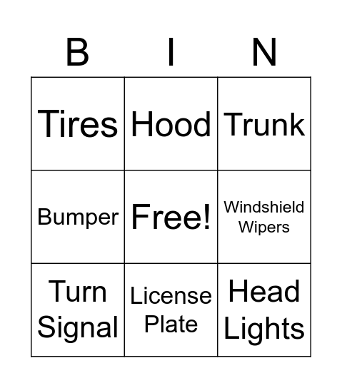 Car Parts BINGO Card