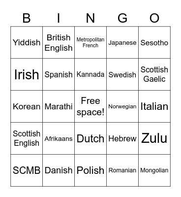 Foreign Language Bingo Card