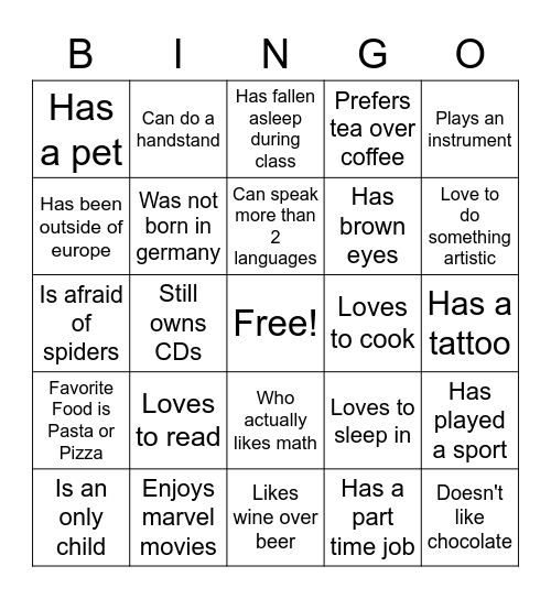 Icebreakerexercise Bingo Card