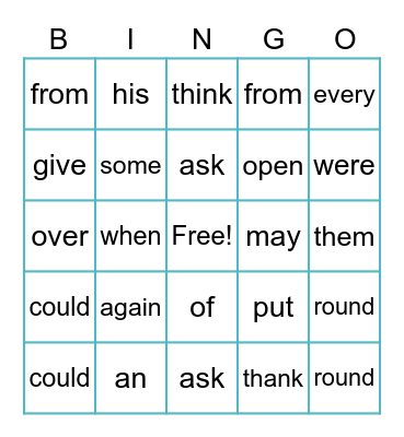 Sight Words Bingo Card