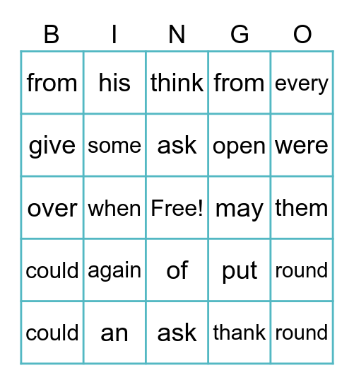 Sight Words Bingo Card