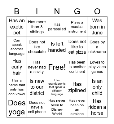 Getting to Know Each Other Bingo Card