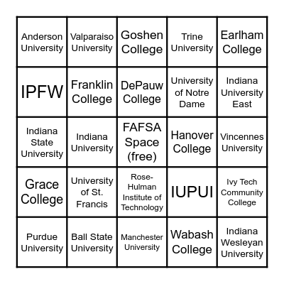 NMS Indiana College Bingo Card