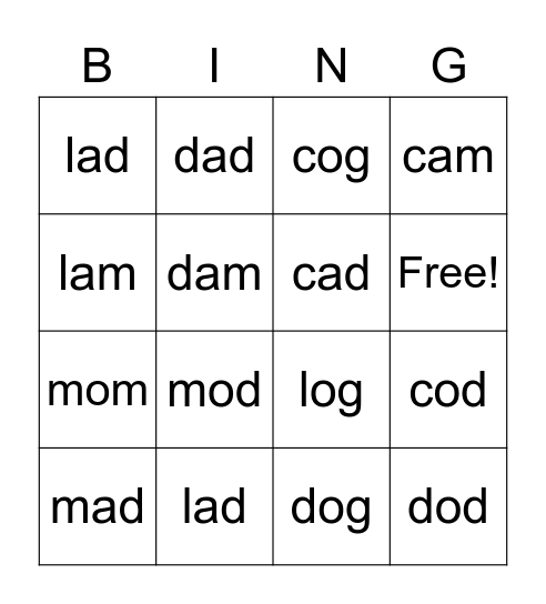 c o a d g m l BINGO Card