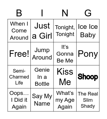 90’s Hits Bingo Card