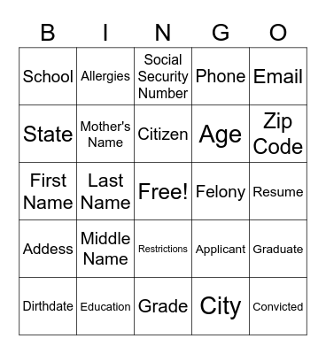 Personal Identity Bingo Card