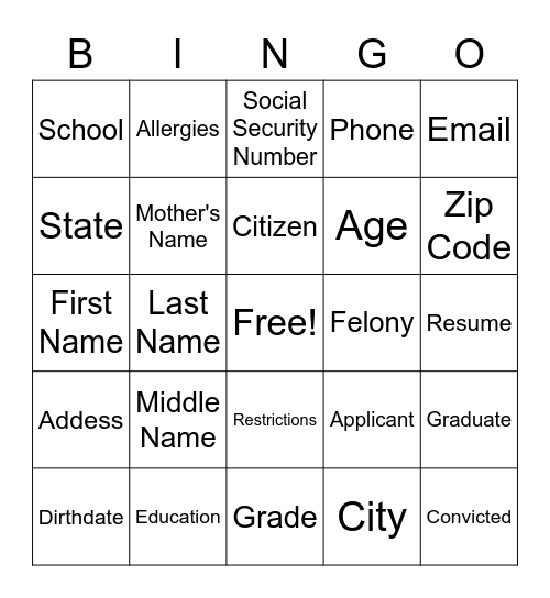 Personal Identity Bingo Card