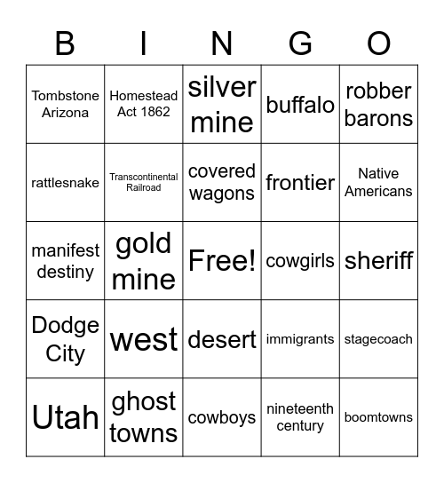 Wild West Academic Vocabulary Bingo Card