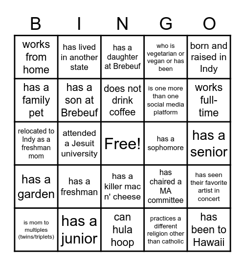 Match with a Mom Bingo Card