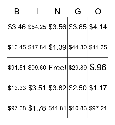 Giving Money Back Bingo Card