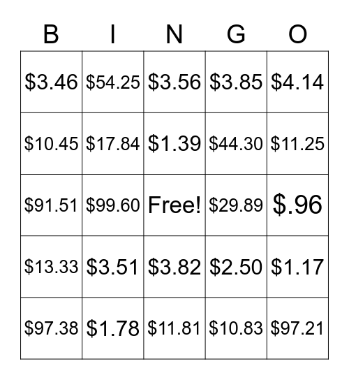 Giving Money Back Bingo Card