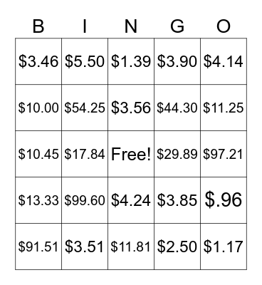 Giving Money Back Bingo Card