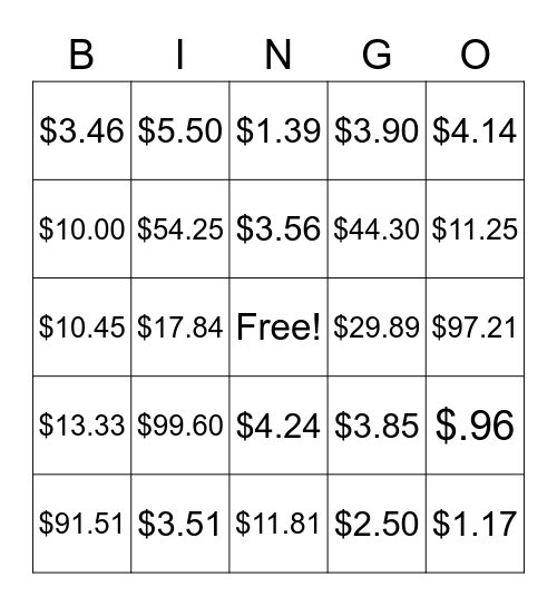 Giving Money Back Bingo Card