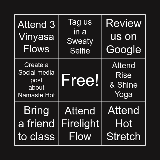 Namaste Hot Yoga Bingo Card