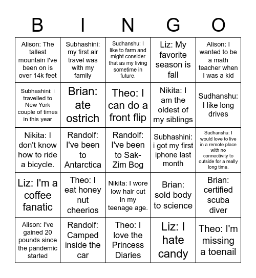 X truths X lies Bingo Card