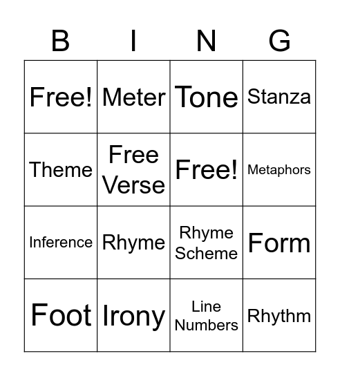 Poetry Bingo Card