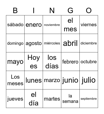 Days of the week/  Months of the year Bingo Card
