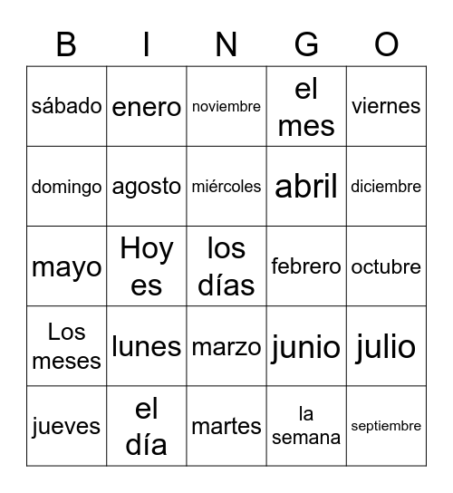 Days of the week/  Months of the year Bingo Card