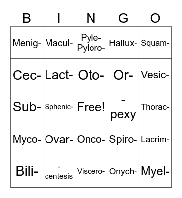 Medical Terminology Lesson 5 Bingo Card