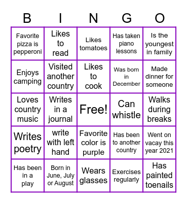 GETTING TO KNOW US Bingo Card
