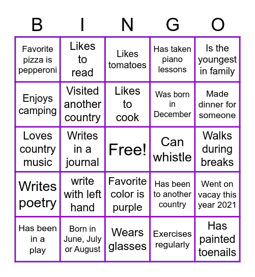 GETTING TO KNOW US Bingo Card