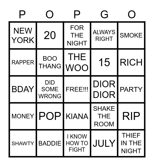 POP SMOKE BINGO Card