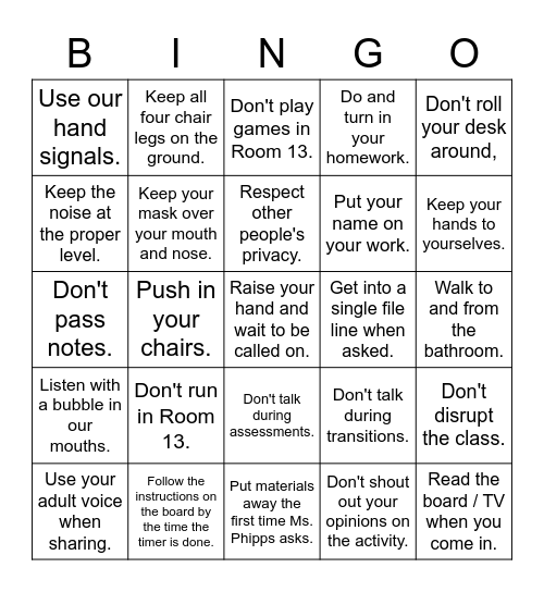 Classroom Norm Bingo Card