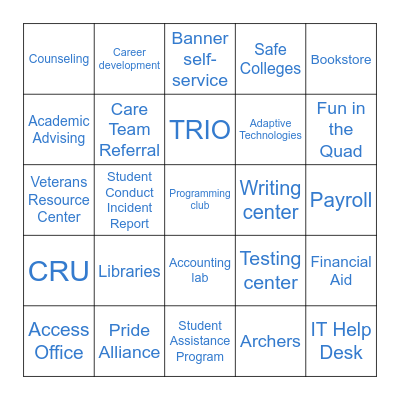 Campus resources Bingo Card